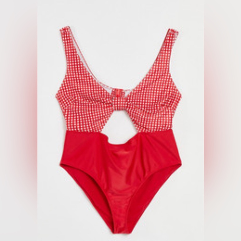 ASOS Peek & Beau Curve Exclusive cut-out swimsuit in red gingham
